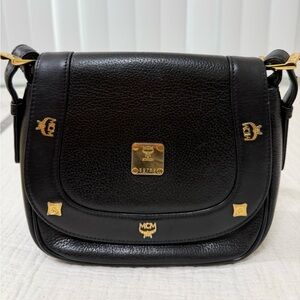 AUTHENTIC MCM Black Crossbody Bag with Gold Accents
